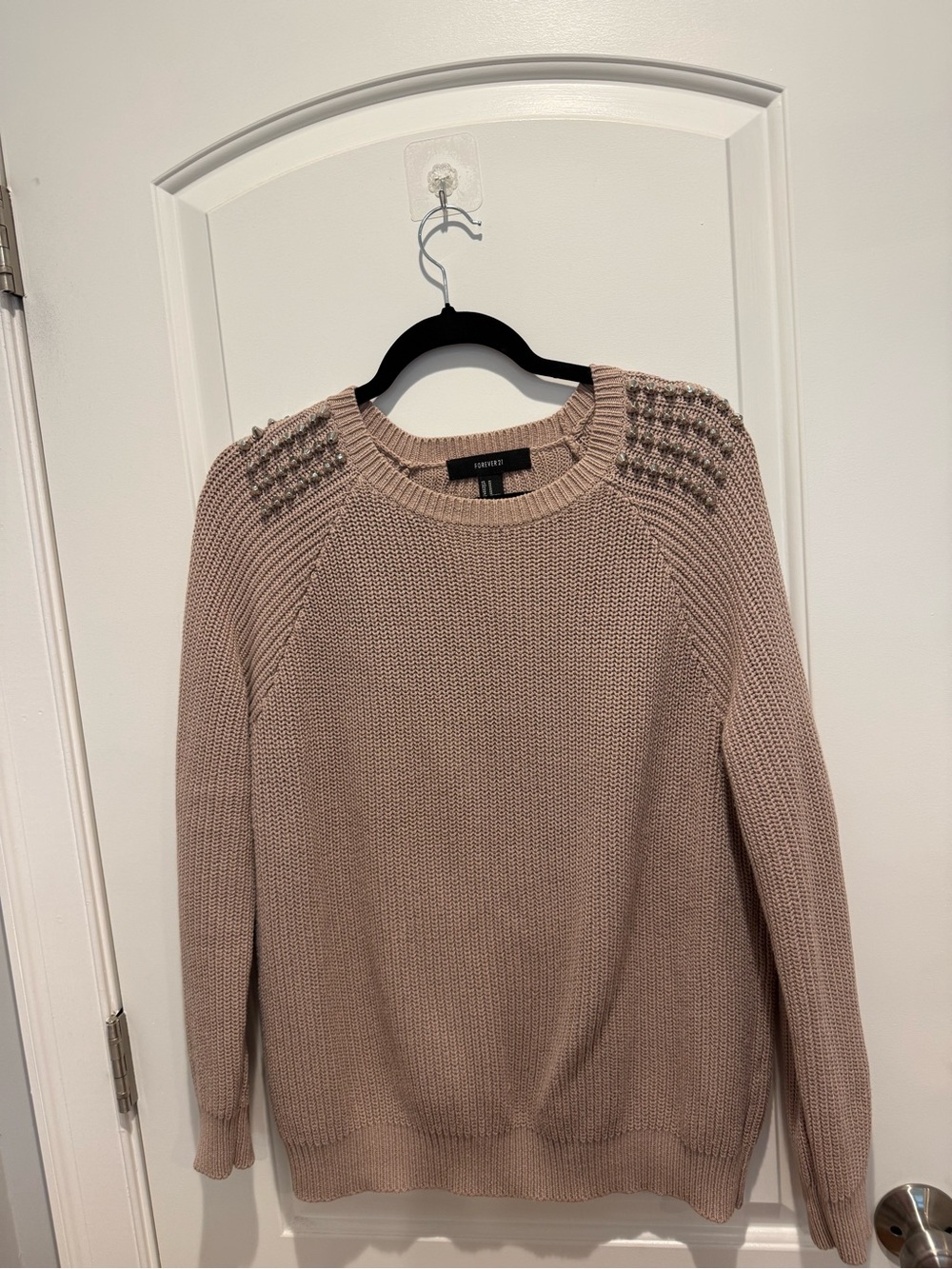 Forever 21 Beige Knit Crew Sweater with Spikey Shoulders
